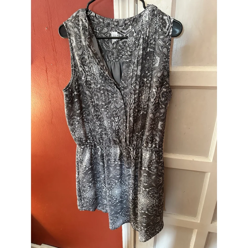 GAP Women's Printed Shirt Dress L Grey Drawstring Waist Pintuck Pleat Sleeveless - Picture 9 of 12